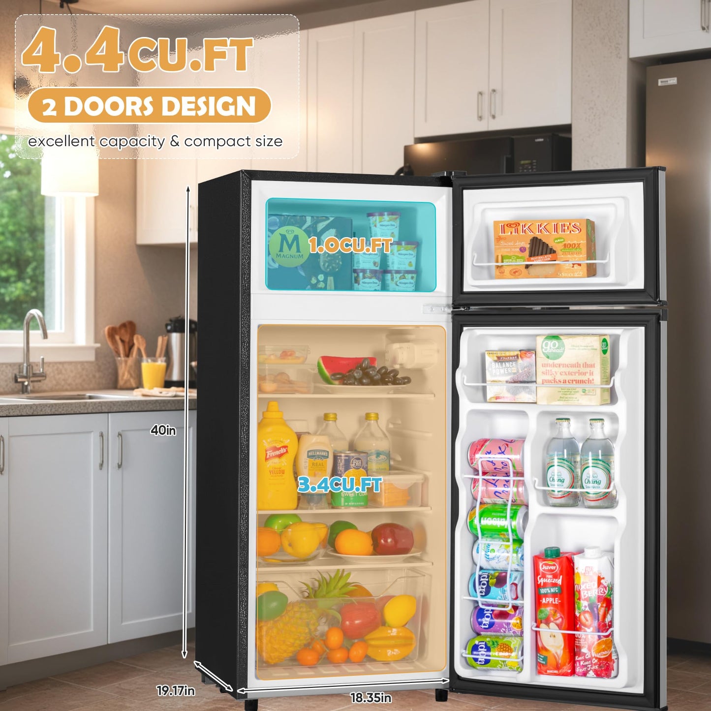 Manastin 4.4 Cu.Ft Mini Fridge with Freezer, Small Refrigerator with 2 Doors for Kitchen, Dorm, Office and Bedroom, Mini Fridge with Adjustable Shelves (Black)