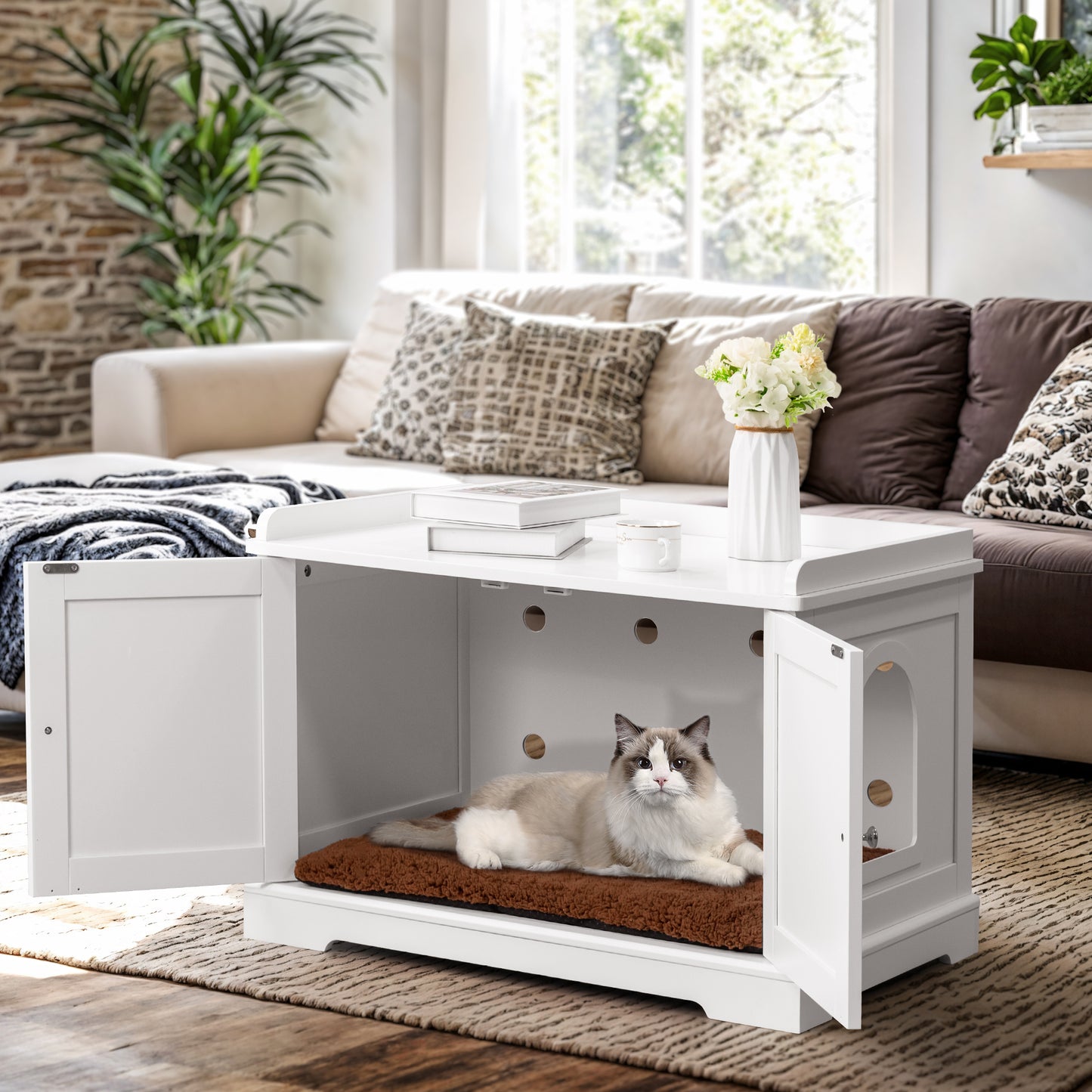 Bigrab Cat Litter Box Enclosure Hidden Cat Washroom with Divider, Wooden Pet House End Table with Capacious Door, Easy Assembly & Spacious Storage, Fit Most of Litter Box and Cat, White