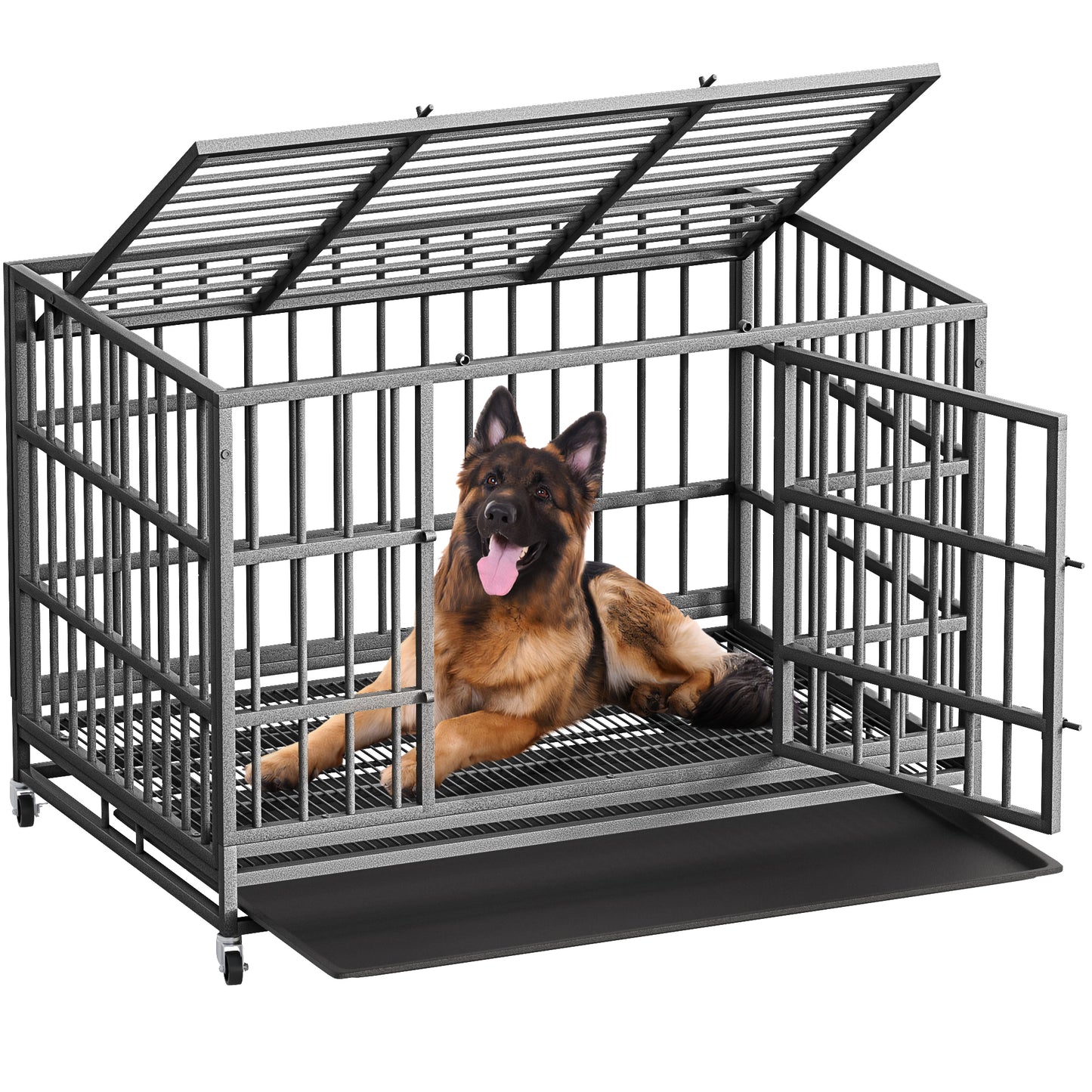 Bigrab Large Heavy Duty Dog Crate Cage Kennel with Wheels and Tray, Double Door, Dark Sliver, 48"L