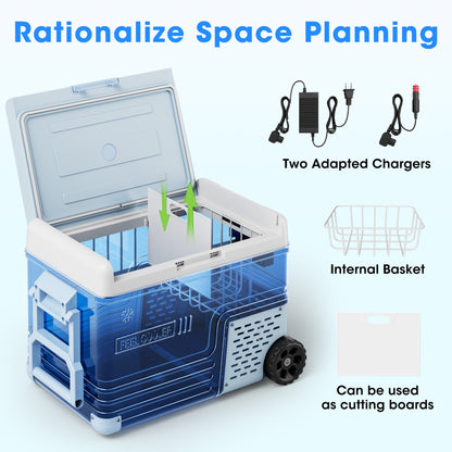 Manastin 12V Car Refrigerator, Portable Freezer (12/24V DC & 110~240V AC), -4℉ to 50℉, 37QT (35L) Truck Fridge with Wheels, Baskets & Shelf for RV, Van, Camping, Travel, and Road Trips(Blue)