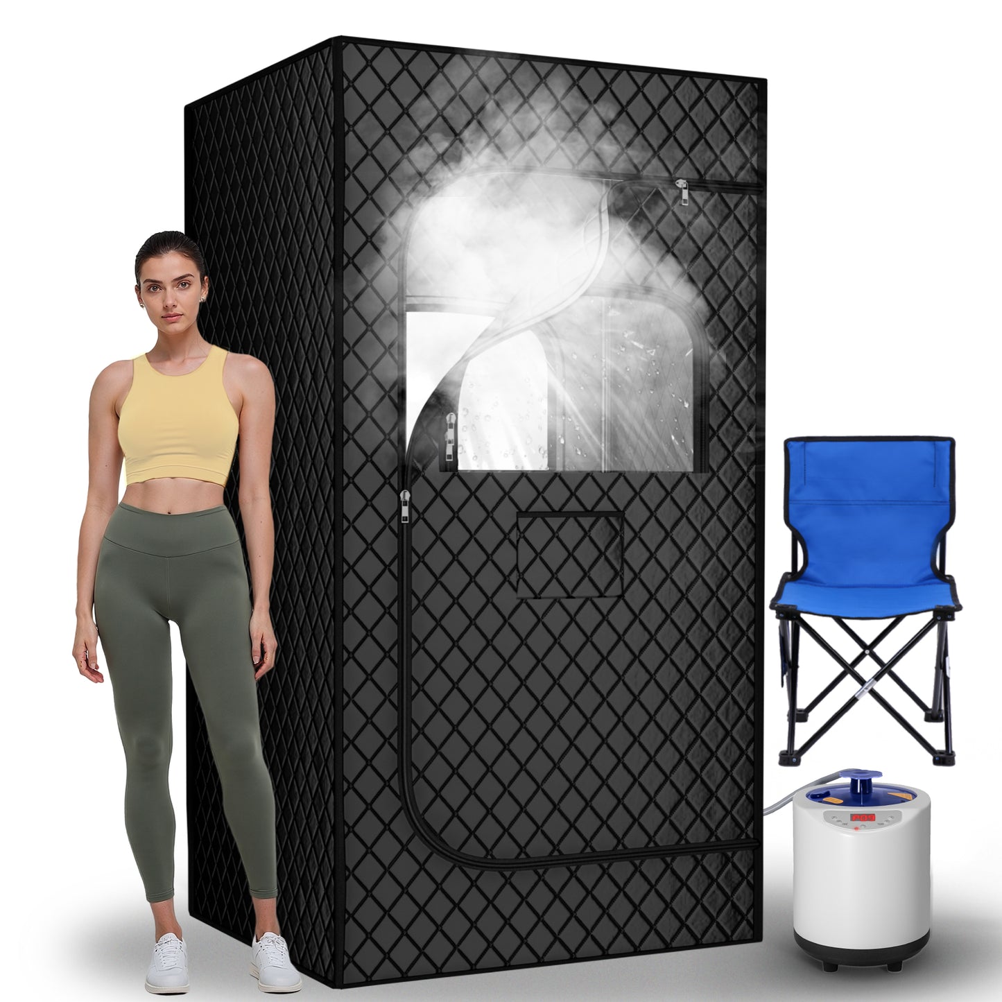 Portable Steam Sauna, 15 Levels of Foldable Sauna for Home, Sauna Box with 1200w 3L Steamer, Personal Sauna with Remote Control and Folding Chair, (Satin Cotton, Black)