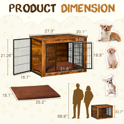 Bigrab Dog Crate Furniture Large Dog Cage End Table with Cushion, Double Doors Wooden Dog Kennel, Rustic Brown, 27.3L