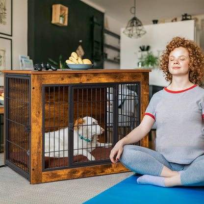 Bigrab Dog Crate Furniture Large Dog Cage End Table with Cushion, Double Doors Wooden Dog Kennel, Rustic Brown, 27.3L