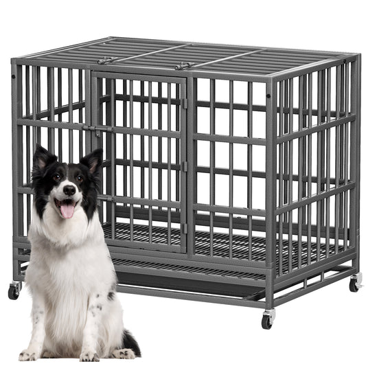 Bigrab Large Heavy Duty Dog Crate Cage Kennel with Wheels and Tray, Double Door, Dark Sliver, 38"L