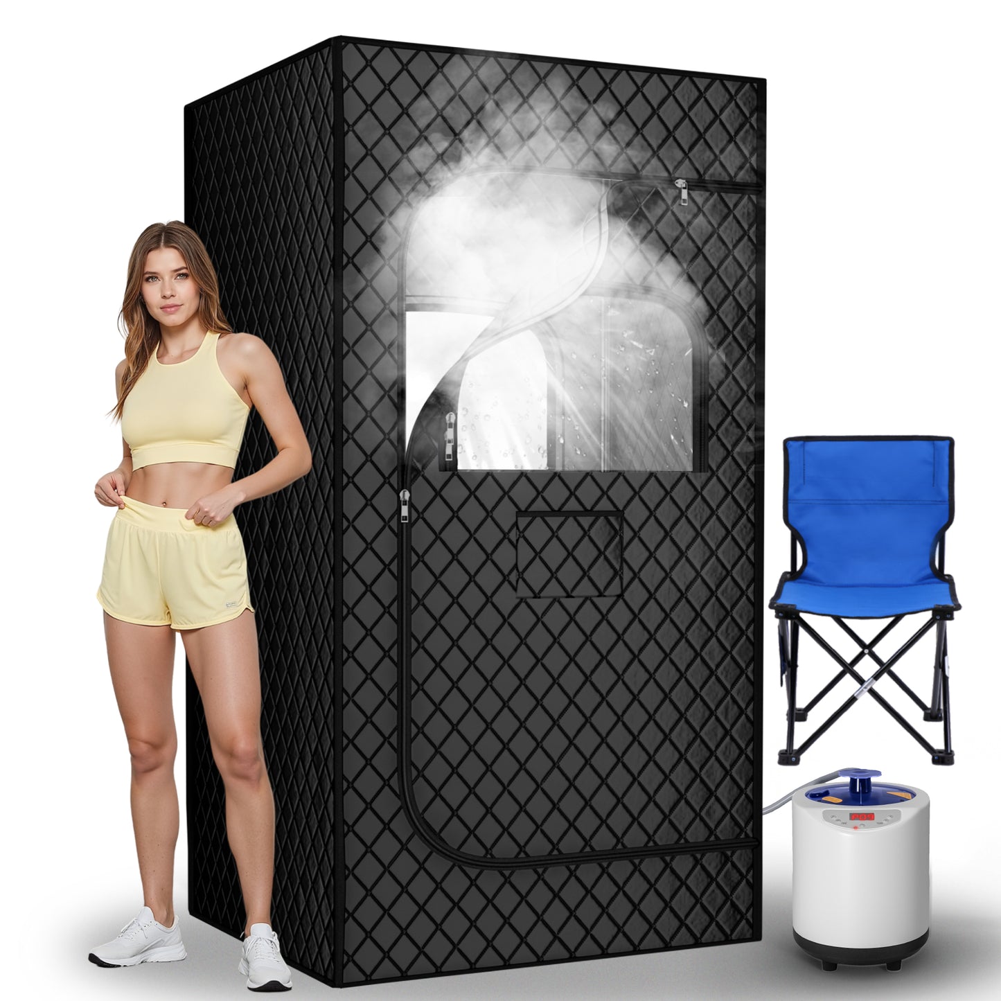 Portable Steam Sauna, 15 Levels of Foldable Sauna for Home, Sauna Box with 1200w 3L Steamer, Personal Sauna with Remote Control and Folding Chair, (Satin Cotton, Black)