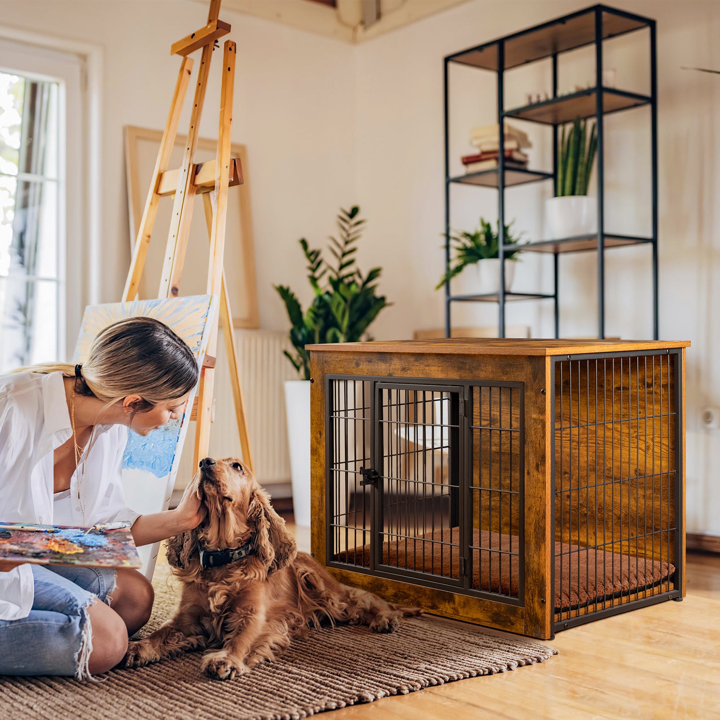 Bigrab Dog Crate Furniture Large Dog Cage End Table with Cushion, Double Doors Wooden Dog Kennel, Rustic Brown, 27.3L