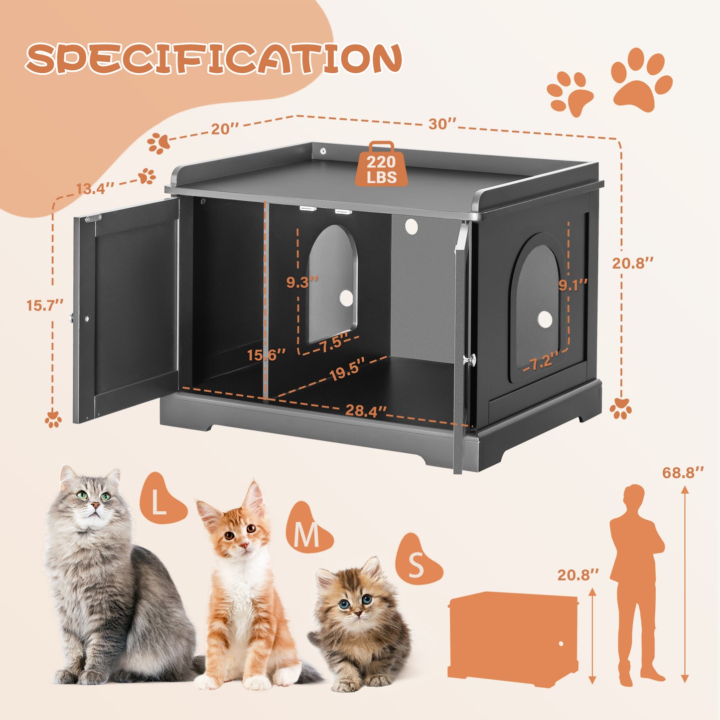 Bigrab Cat Litter Box Enclosure Hidden Cat Washroom with Divider, Wooden Pet House End Table with Capacious Door, Easy Assembly & Spacious Storage, Fit Most of Litter Box and Cat, Gray