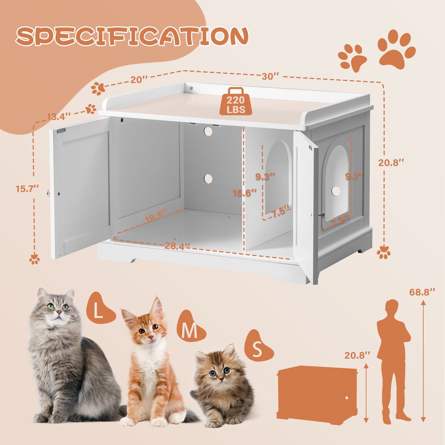 Bigrab Cat Litter Box Enclosure Hidden Cat Washroom with Divider, Wooden Pet House End Table with Capacious Door, Easy Assembly & Spacious Storage, Fit Most of Litter Box and Cat, White