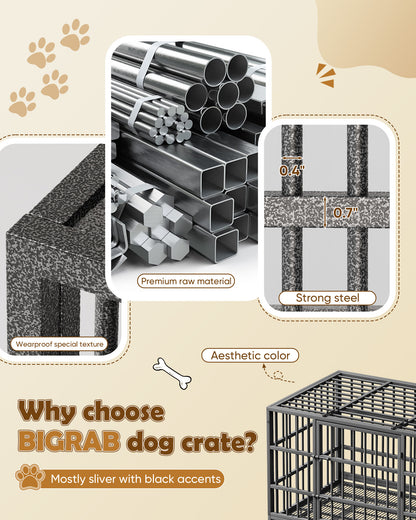 Bigrab Large Heavy Duty Dog Crate Cage Kennel with Wheels and Tray, Double Door, Dark Sliver, 48"L