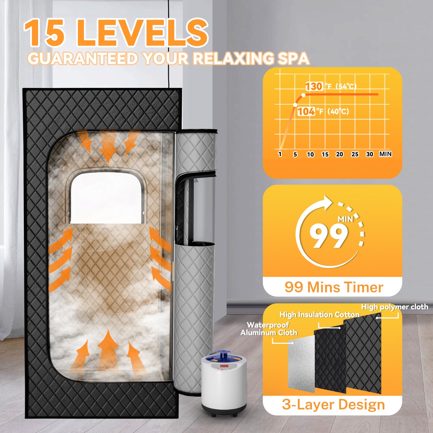 Portable Steam Sauna, 15 Levels of Foldable Sauna for Home, Sauna Box with 1200w 3L Steamer, Personal Sauna with Remote Control and Folding Chair, (Satin Cotton, Black)