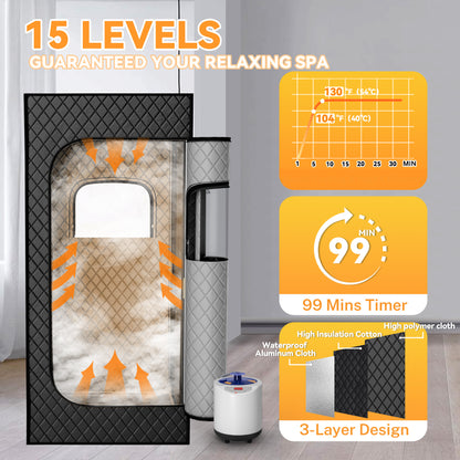 Portable Steam Sauna, 15 Levels of Foldable Sauna for Home, Sauna Box with 1200w 3L Steamer, Personal Sauna with Remote Control and Folding Chair, (Satin Cotton, Black)