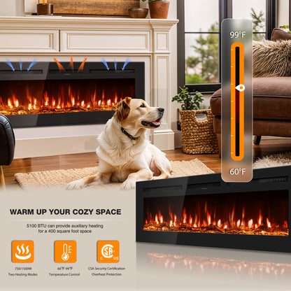 50" Electric Fireplace Wall Mounted and Recessed with Remote Control, Ultra-Thin Wall Fireplace Heater with Child Lock, Adjustable Flame Colour and Brightness, Replaceable Crystals