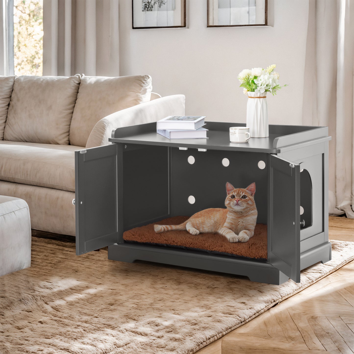 Bigrab Cat Litter Box Enclosure Hidden Cat Washroom with Divider, Wooden Pet House End Table with Capacious Door, Easy Assembly & Spacious Storage, Fit Most of Litter Box and Cat, Gray