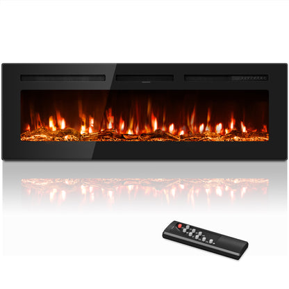 50" Electric Fireplace Wall Mounted and Recessed with Remote Control, Ultra-Thin Wall Fireplace Heater with Child Lock, Adjustable Flame Colour and Brightness, Replaceable Crystals