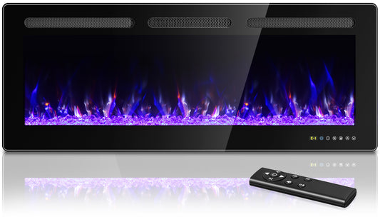 Manastin 42” Electric Fireplace Recessed and Wall Mounted Ultra-Thin Fireplace Heater Silence Linear Fireplace w/Timer, Multicolor Flame & Crystal, 750W/1500W, Touch Screen & Remote Control