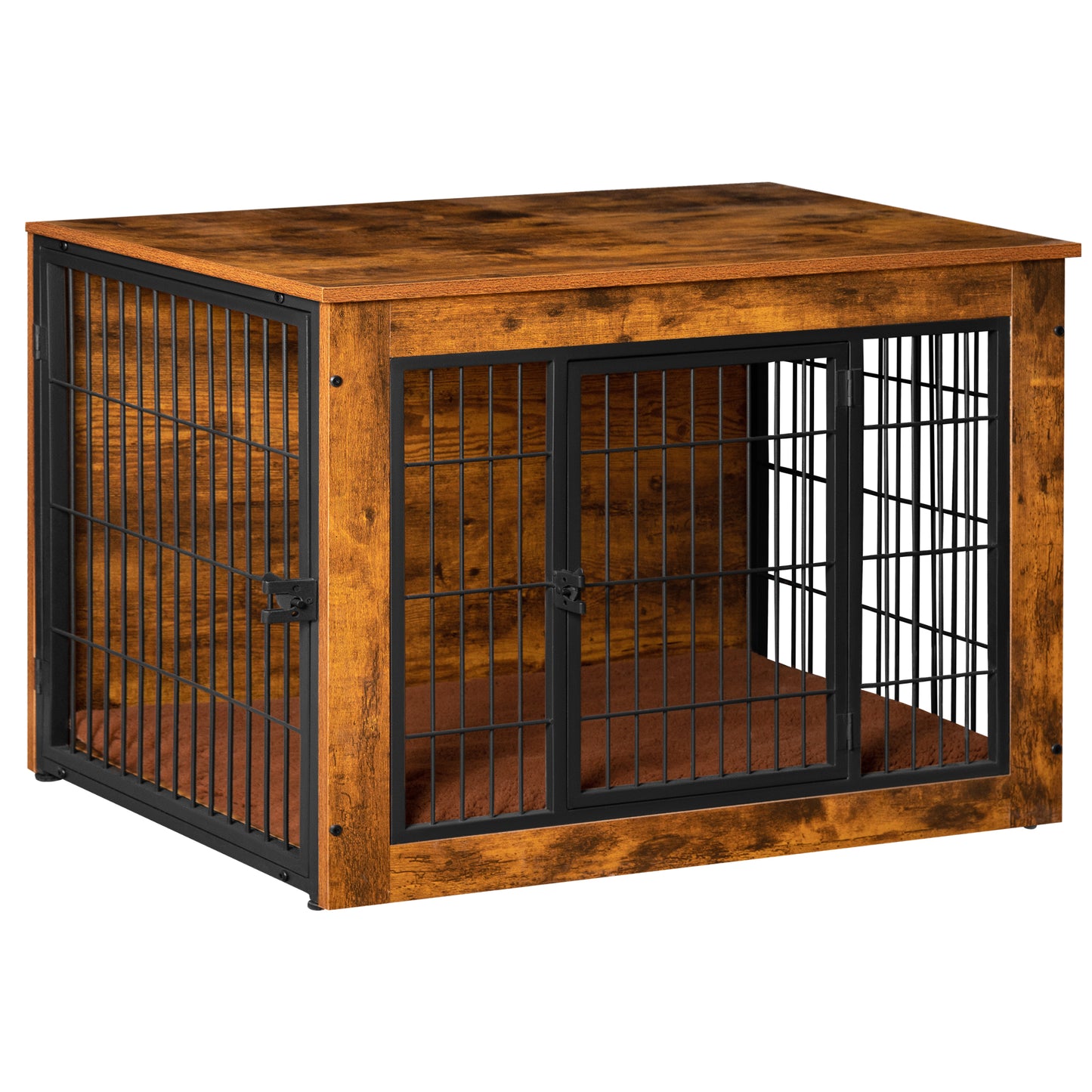 Bigrab Dog Crate Furniture Large Dog Cage End Table with Cushion, Double Doors Wooden Dog Kennel, Rustic Brown, 27.3L