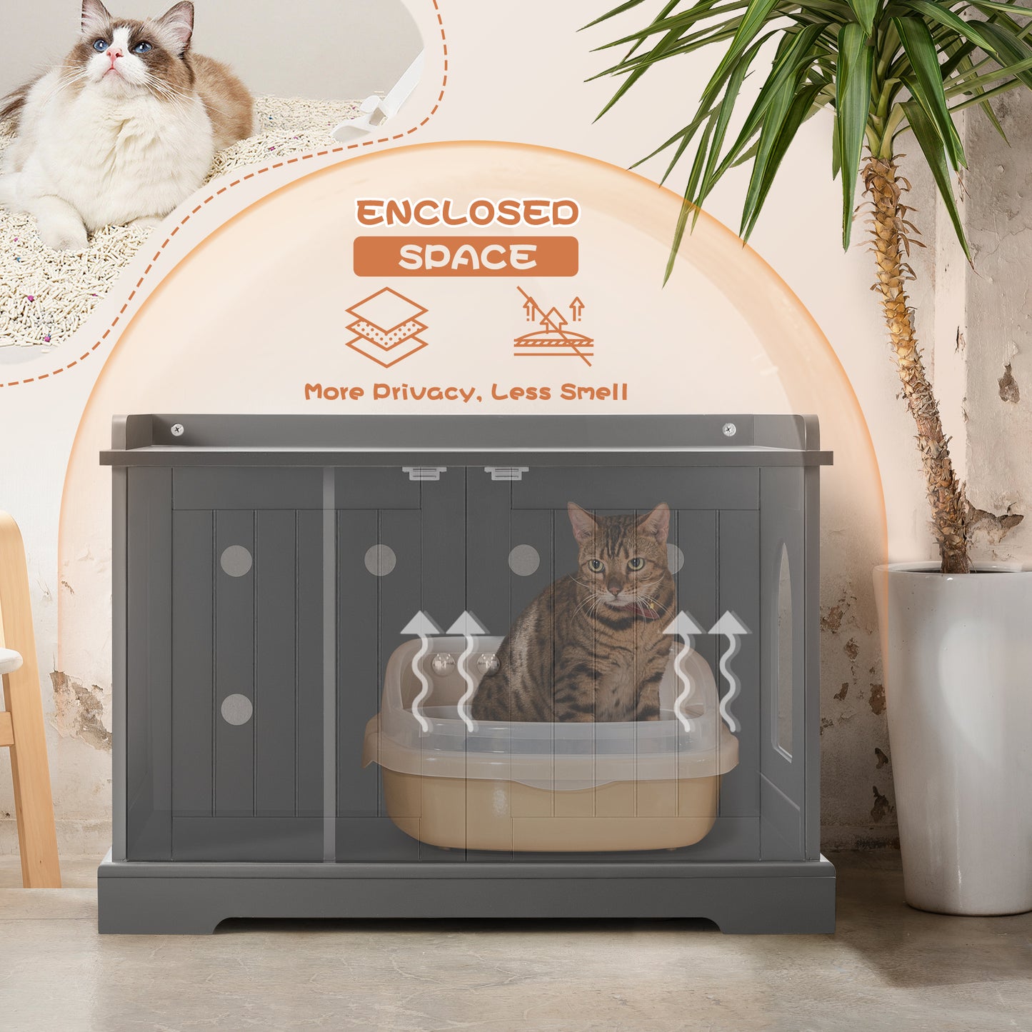 Bigrab Cat Litter Box Enclosure Hidden Cat Washroom with Divider, Wooden Pet House End Table with Capacious Door, Easy Assembly & Spacious Storage, Fit Most of Litter Box and Cat, Gray