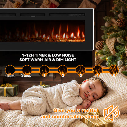 50" Electric Fireplace Wall Mounted and Recessed with Remote Control, Ultra-Thin Wall Fireplace Heater with Child Lock, Adjustable Flame Colour and Brightness, Replaceable Crystals