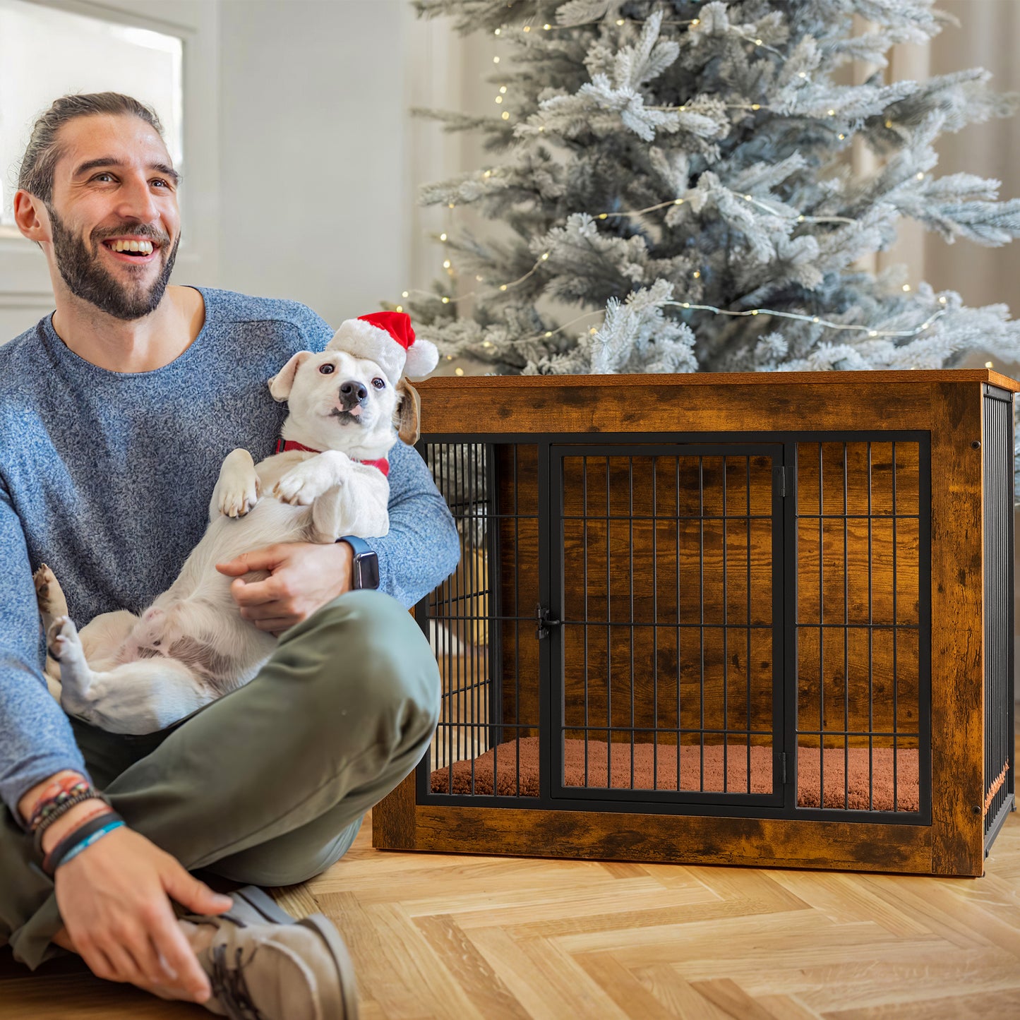 Bigrab Dog Crate Furniture Large Dog Cage End Table with Cushion, Double Doors Wooden Dog Kennel, Rustic Brown, 27.3L