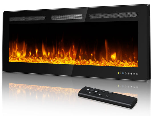 Manastin 50” Electric Fireplace Recessed and Wall Mounted Ultra-Thin Fireplace Heater Silence Linear Fireplace w/Timer, Multicolor Flame & Crystal, 750W/1500W,Touch Screen & Remote Control