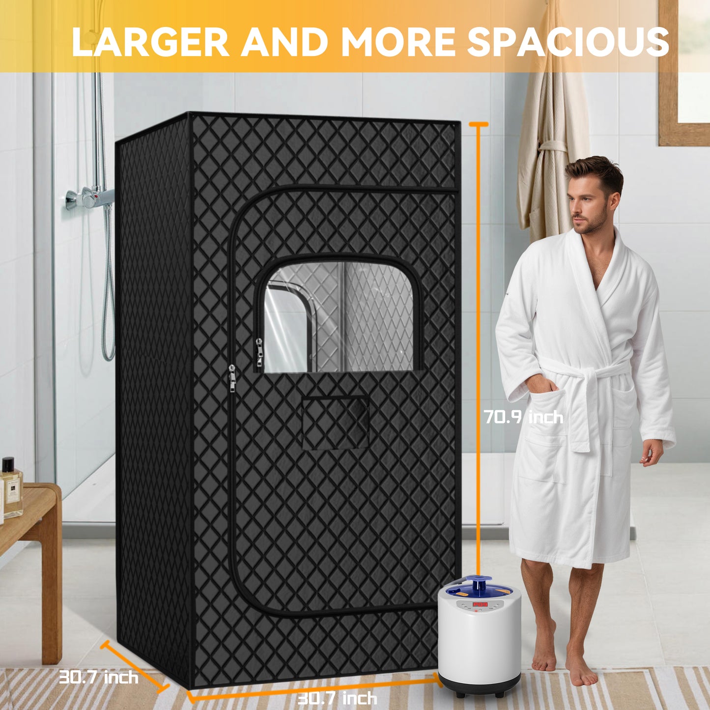 Portable Steam Sauna, 15 Levels of Foldable Sauna for Home, Sauna Box with 1200w 3L Steamer, Personal Sauna with Remote Control and Folding Chair, (Satin Cotton, Black)