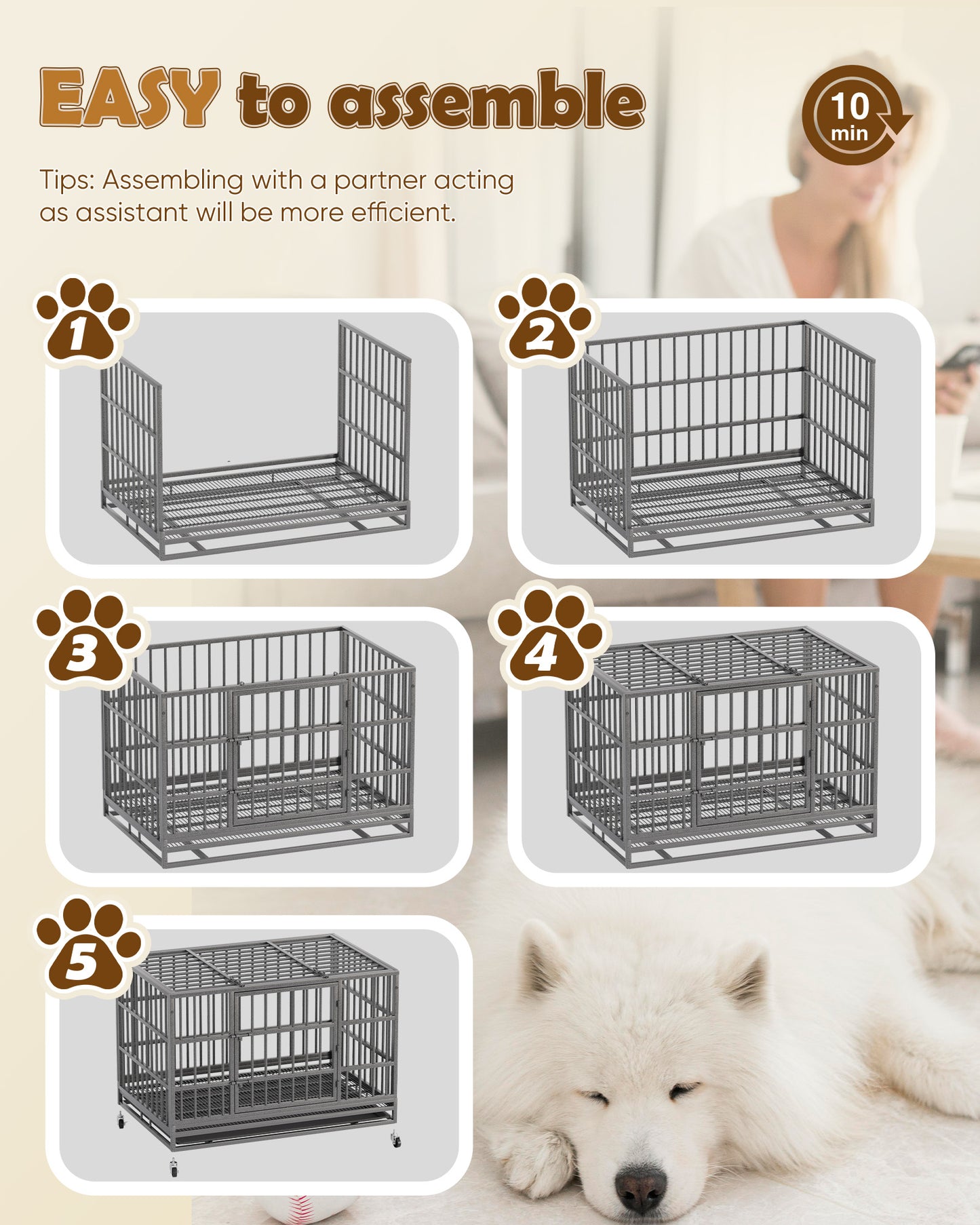 Bigrab Large Heavy Duty Dog Crate Cage Kennel with Wheels and Tray, Double Door, Dark Sliver, 48"L