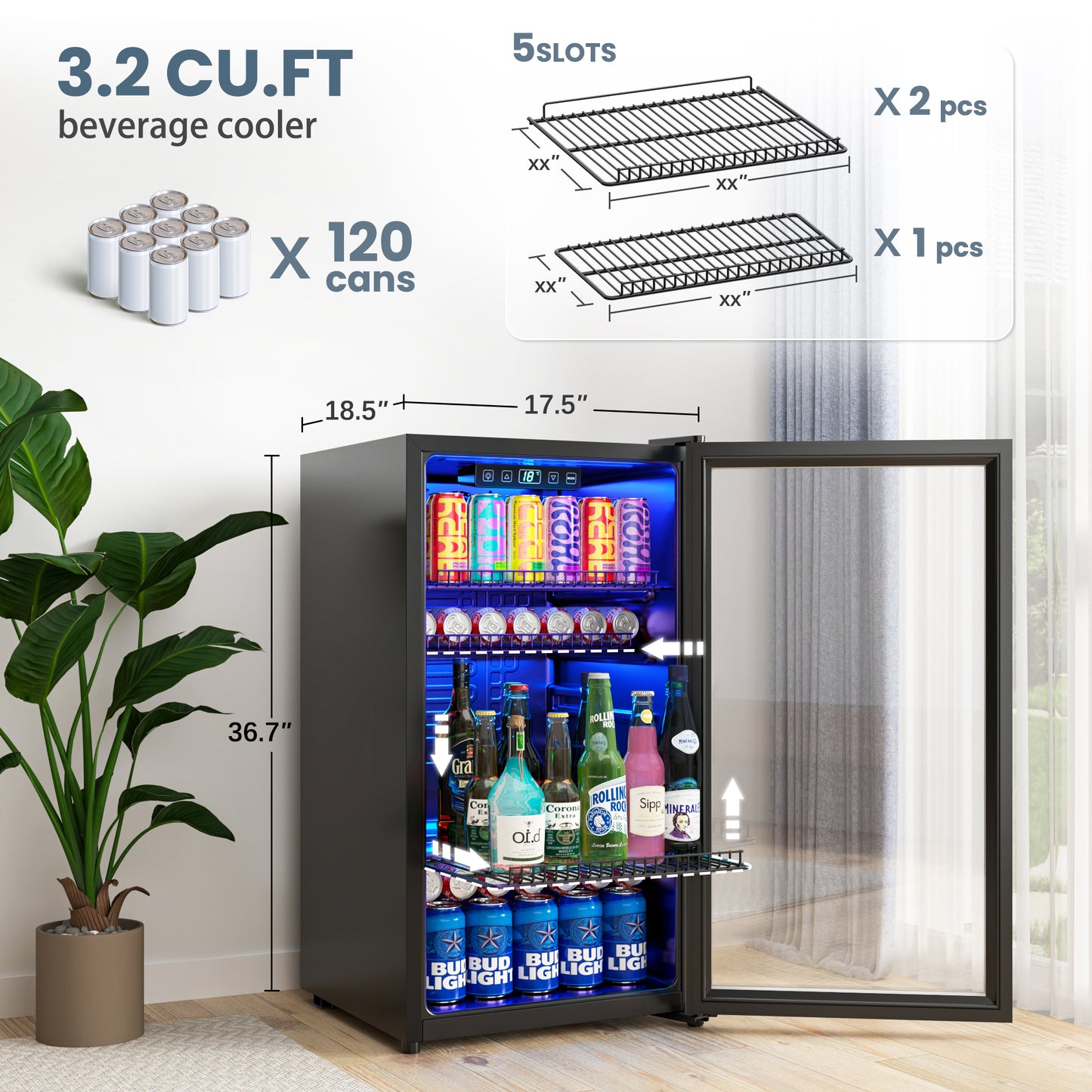 Manastin 120 Can Beverage Refrigerator Cooler 3.2 Cu.ft Mini Fridge with Glass Door & Adjustable Shelves, Perfect for Home, Office or Bar