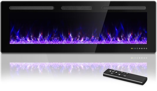 Manastin 60” Electric Fireplace Recessed and Wall Mounted Ultra-Thin Fireplace Heater Silence Linear Fireplace w/Timer, Multicolor Flame & Crystal, 750W/1500W,Touch Screen & Remote Control