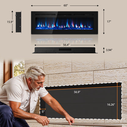 60" Electric Fireplace Wall Mounted and Recessed with Remote Control, Ultra-Thin Wall Fireplace Heater with Child Lock, Adjustable Flame Colour and Brightness, Replaceable Crystals