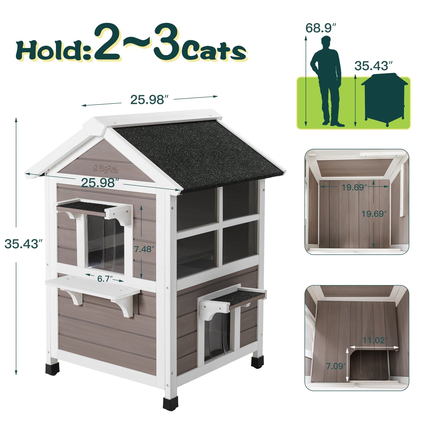 Bigrab Outdoor Large Cat House, Wooden Feral Cat Shelter Weatherproof & Escape Door, Two Storey Gray