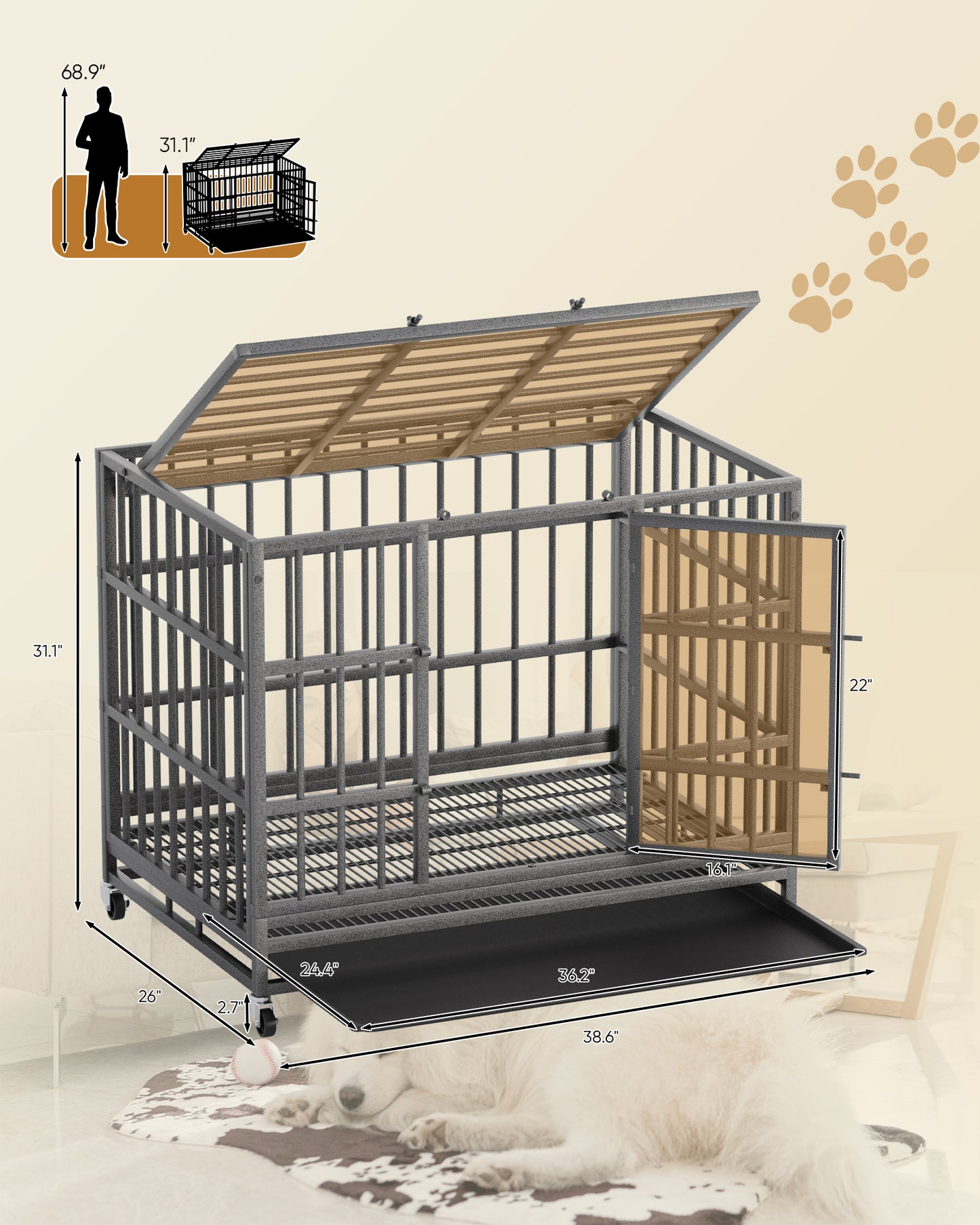 Bigrab Large Heavy Duty Dog Crate Cage Kennel with Wheels and Tray, Double Door, Dark Sliver, 38"L