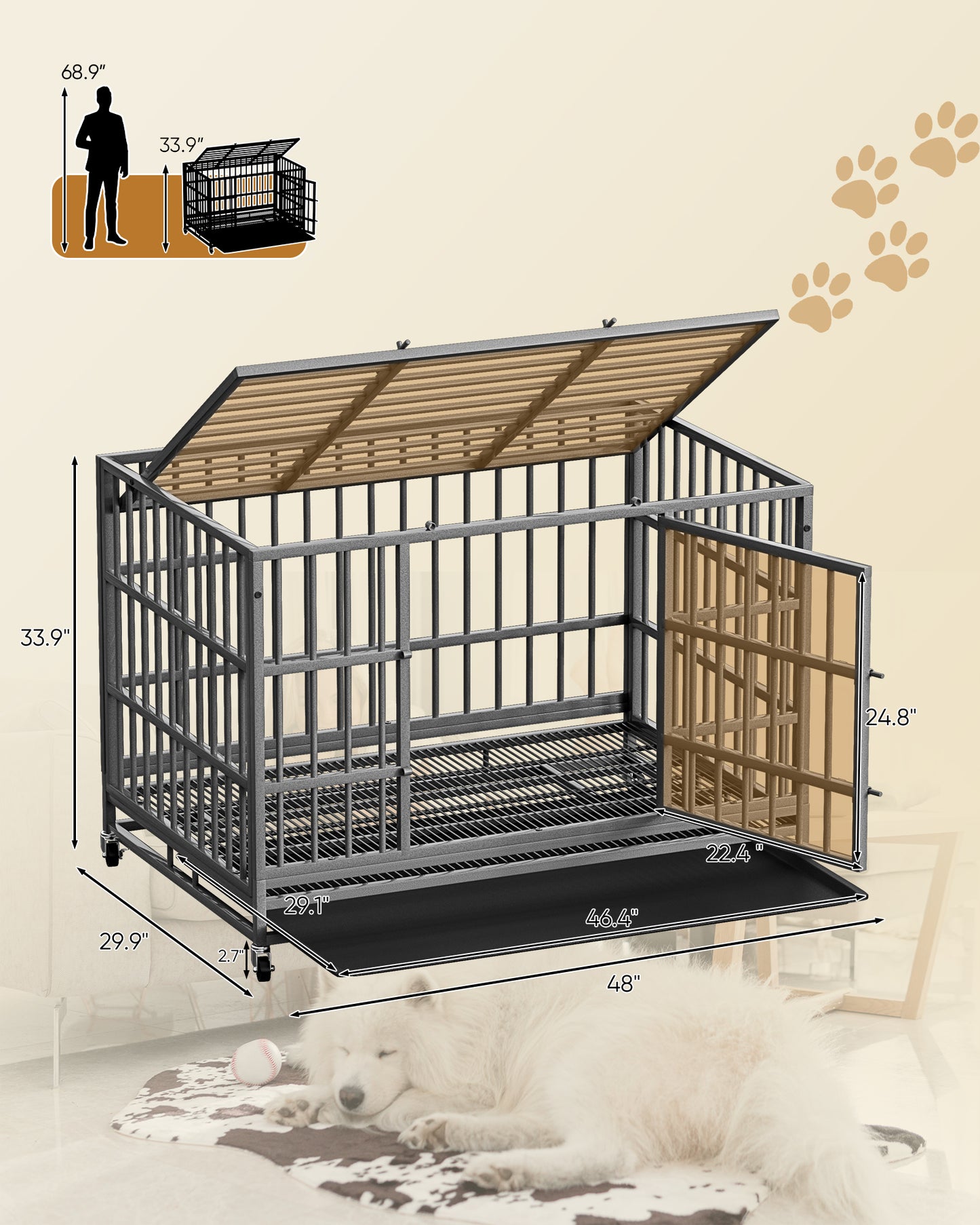 Bigrab Large Heavy Duty Dog Crate Cage Kennel with Wheels and Tray, Double Door, Dark Sliver, 48"L