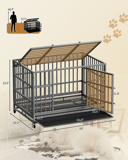 Bigrab Large Heavy Duty Dog Crate Cage Kennel with Wheels and Tray, Double Door, Dark Sliver, 48"L