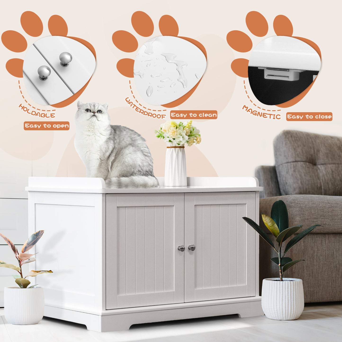 Bigrab Cat Litter Box Enclosure Hidden Cat Washroom with Divider, Wooden Pet House End Table with Capacious Door, Easy Assembly & Spacious Storage, Fit Most of Litter Box and Cat, White