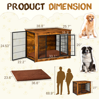 Bigrab Dog Crate Furniture Large Dog Cage End Table with Cushion, Double Doors Wooden Dog Kennel, Rustic Brown, 38.7L