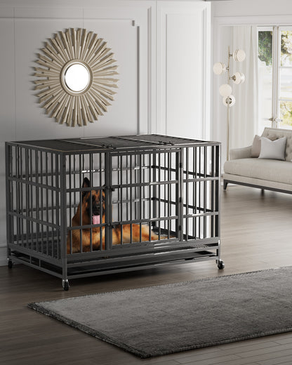 Bigrab Large Heavy Duty Dog Crate Cage Kennel with Wheels and Tray, Double Door, Dark Sliver, 48"L