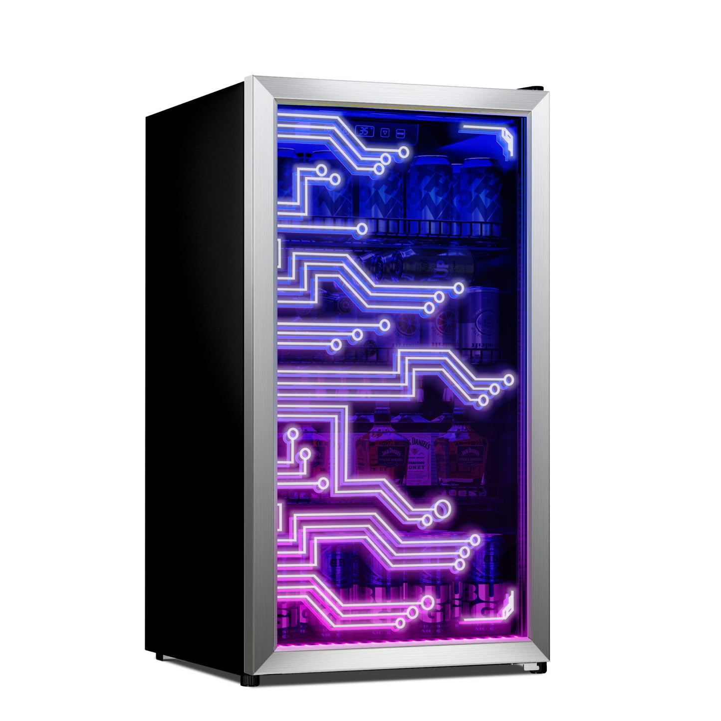 Illuminated Beverage Cooler with LED Lighting, 120-Can Capacity, Adjustable Temperature Control, Freestanding Mini Fridge for Drinks, Energy-Efficient Glass Door Display