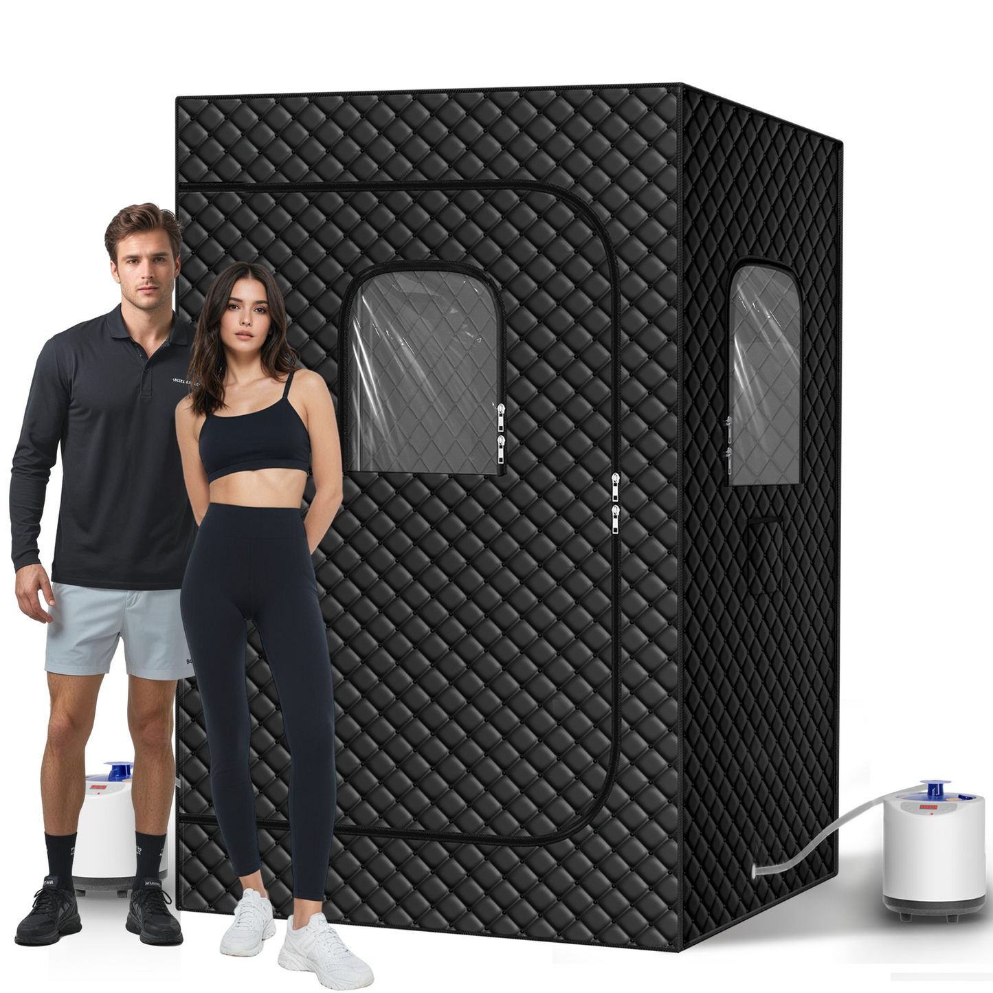 2 Person Portable Steam Sauna for Home, Upgraded 2 Steamer, 2 Foldable Chair & Remote Control (Black)