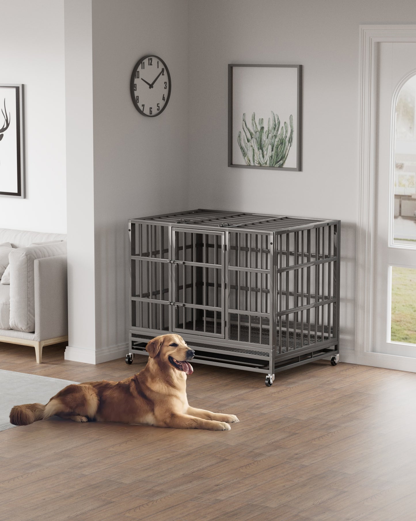 Bigrab Large Heavy Duty Dog Crate Cage Kennel with Wheels and Tray, Double Door, Dark Sliver, 38"L