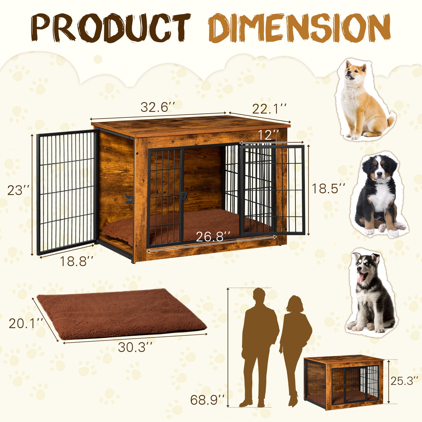 Bigrab Dog Crate Furniture Large Dog Cage End Table with Cushion, Double Doors Wooden Dog Kennel, Rustic Brown, 32.6L