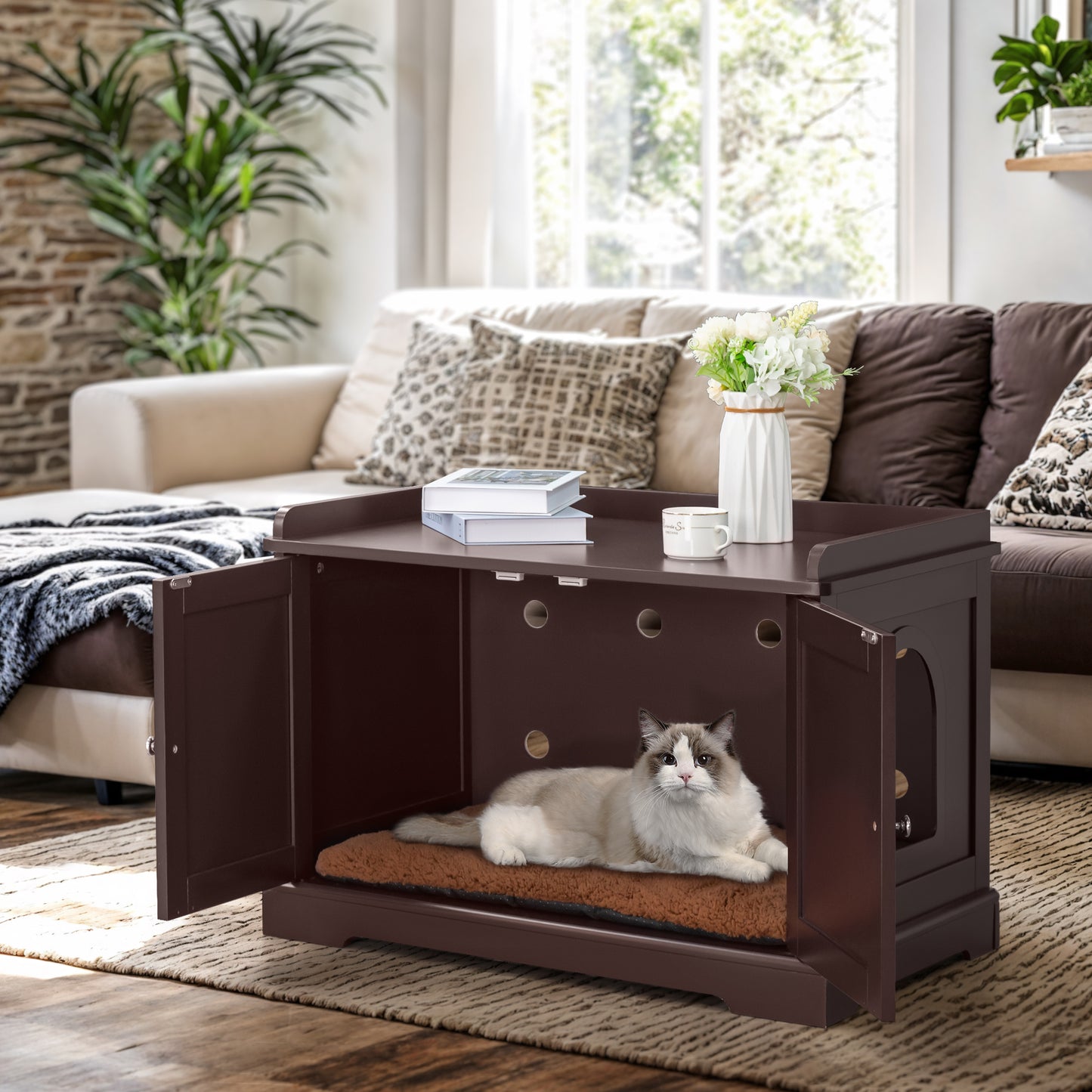 Bigrab Cat Litter Box Enclosure Hidden Cat Washroom with Divider, Wooden Pet House End Table with Capacious Door, Easy Assembly & Spacious Storage, Fit Most of Litter Box and Cat, Brown