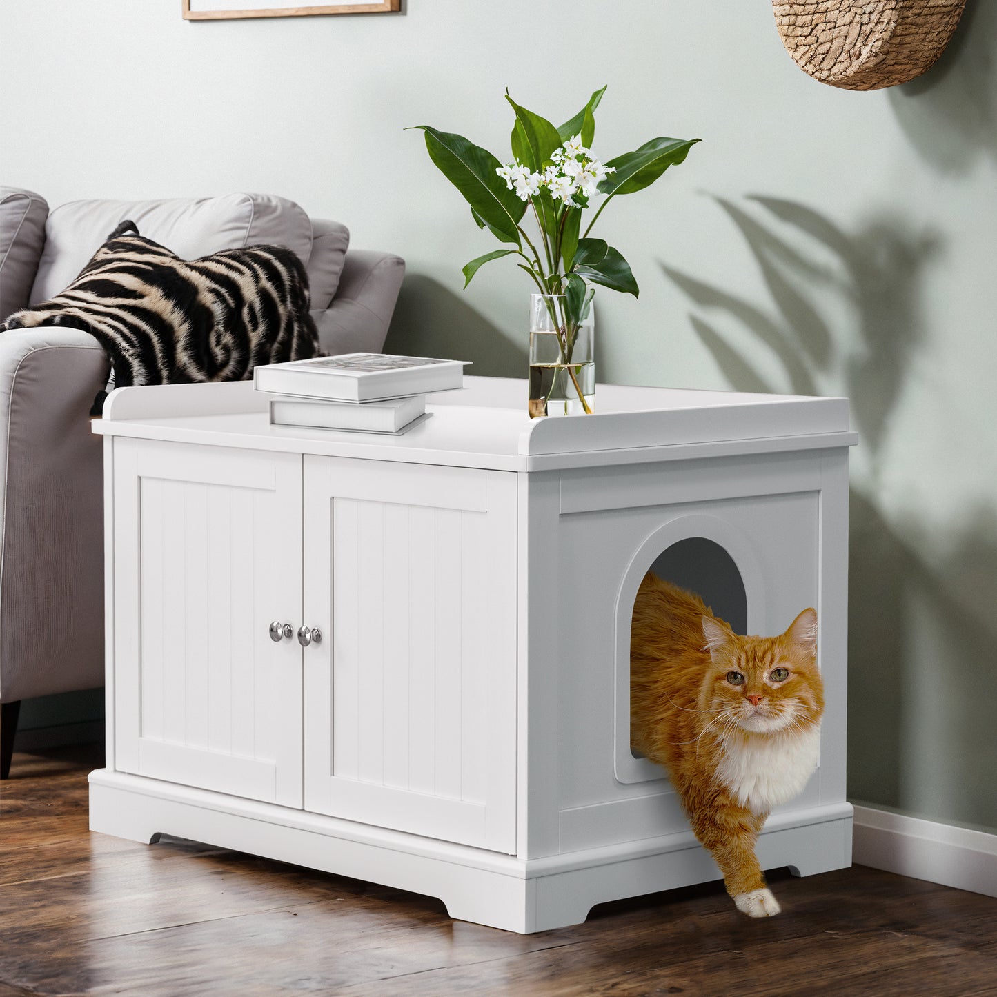 Bigrab Cat Litter Box Enclosure Hidden Cat Washroom with Divider, Wooden Pet House End Table with Capacious Door, Easy Assembly & Spacious Storage, Fit Most of Litter Box and Cat, White