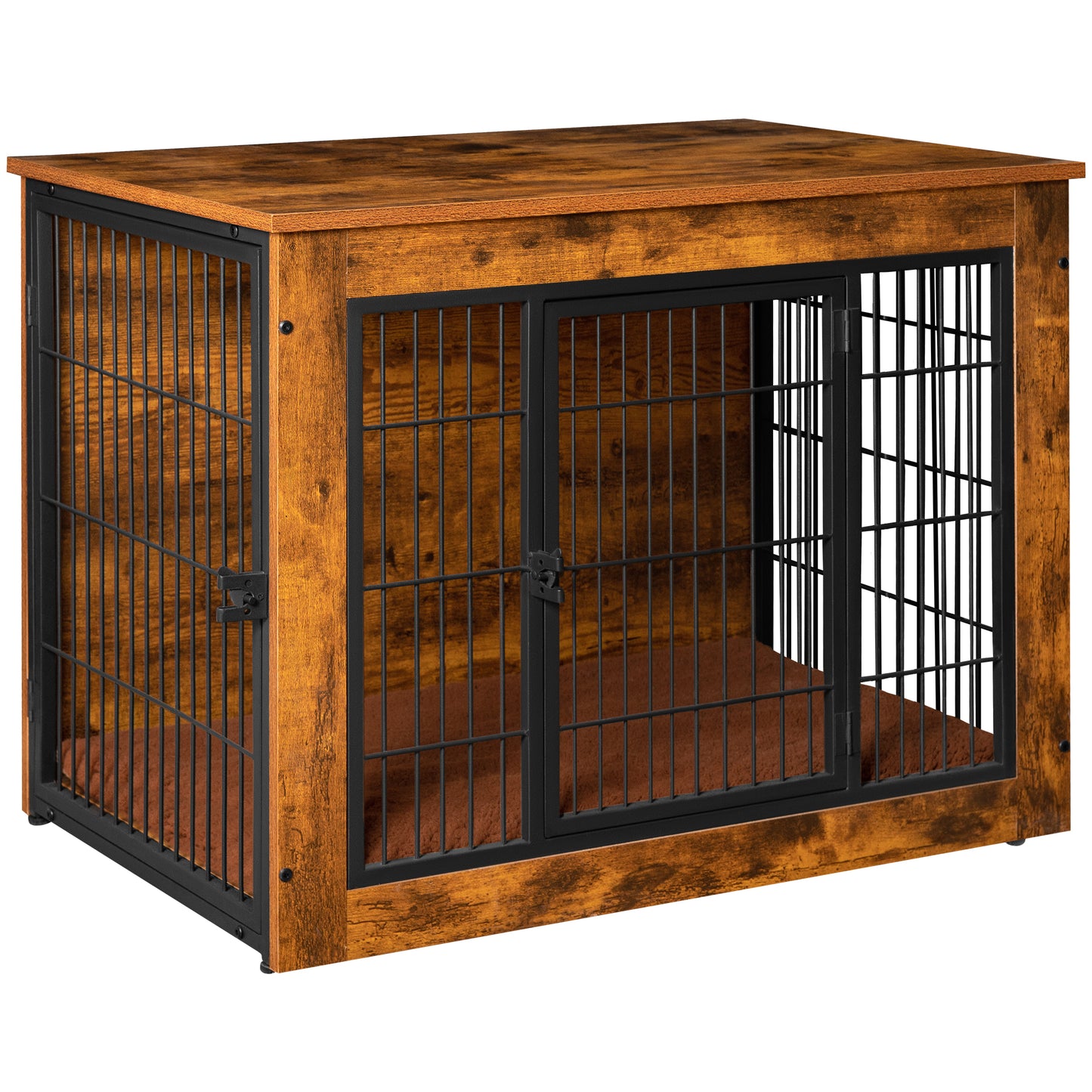 Bigrab Dog Crate Furniture Large Dog Cage End Table with Cushion, Double Doors Wooden Dog Kennel, Rustic Brown, 38.7L