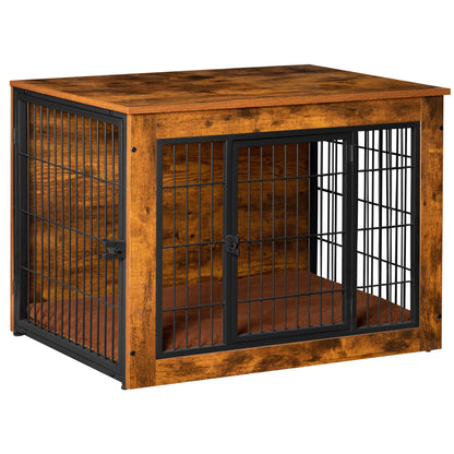 Bigrab Dog Crate Furniture Large Dog Cage End Table with Cushion, Double Doors Wooden Dog Kennel, Rustic Brown, 32.6L