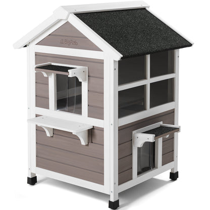 Bigrab Outdoor Large Cat House, Wooden Feral Cat Shelter Weatherproof & Escape Door, Two Storey Gray